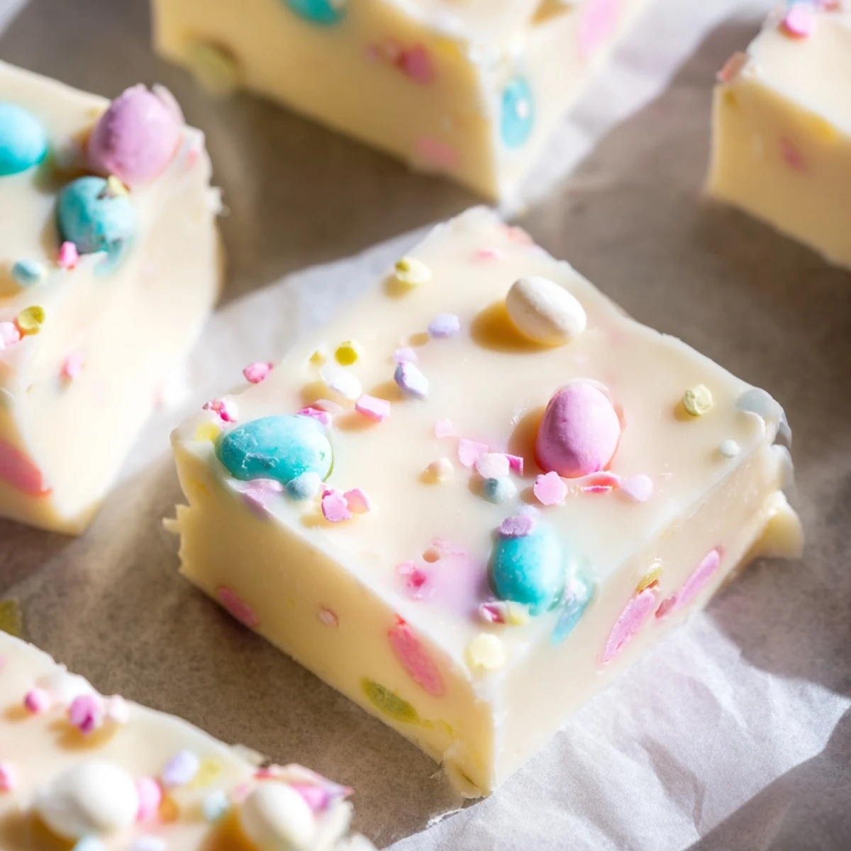 Creamy white chocolate Easter Fudge with chopped pastel candy eggs and colorful sprinkles, cut into neat squares for a sweet spring treat.