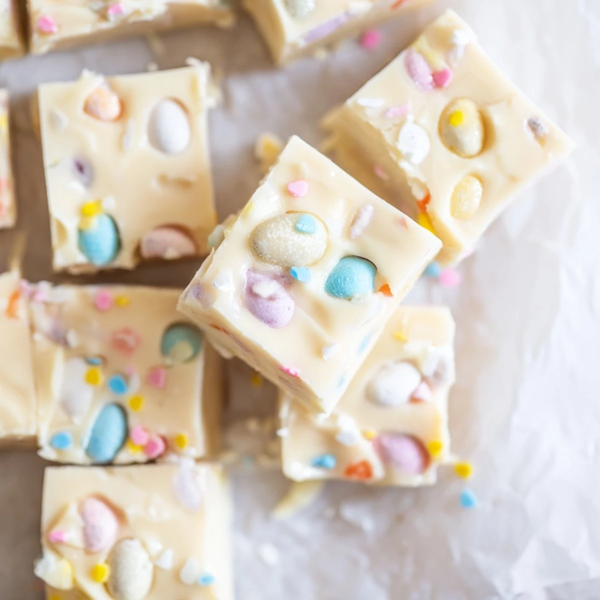 Festive Easter Fudge squares studded with candy-coated eggs and pastel sprinkles, ready to fill your holiday dessert platter beautifully.
