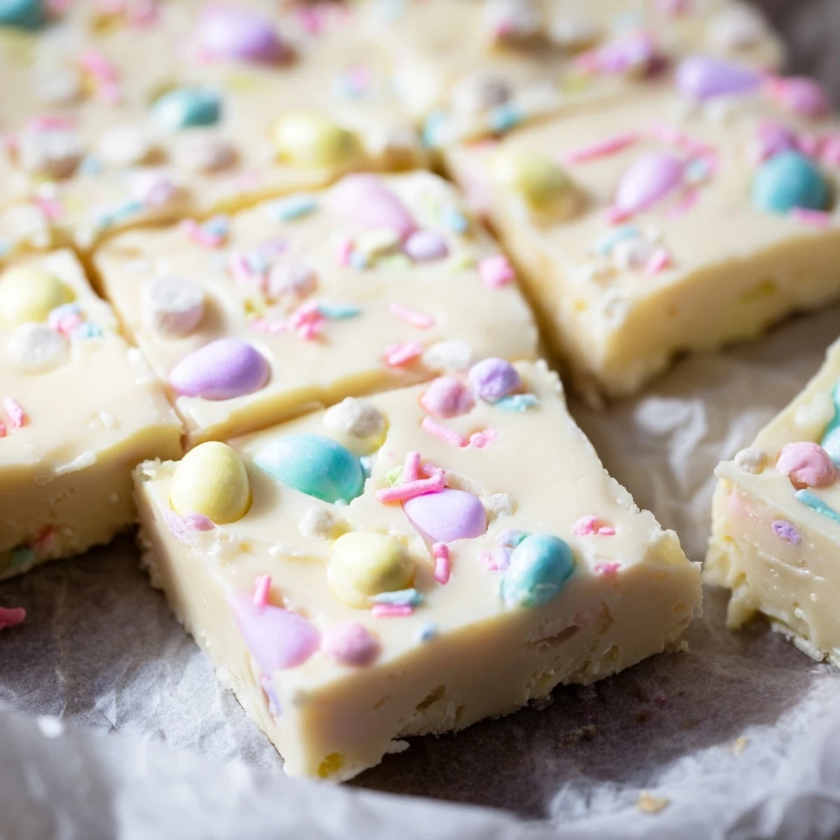 Chilled Easter Fudge blocks topped with bright sprinkles and mini egg pieces, ideal for gifting or serving after Easter dinner.