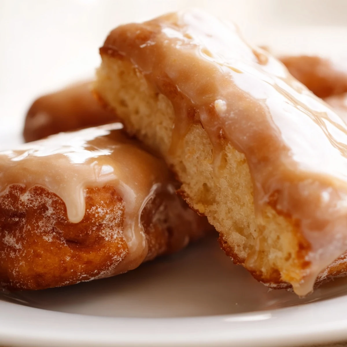 A close-up of golden, freshly fried Maple Donut Bars resting on a wire rack with a glossy maple glaze dripping down the sides.