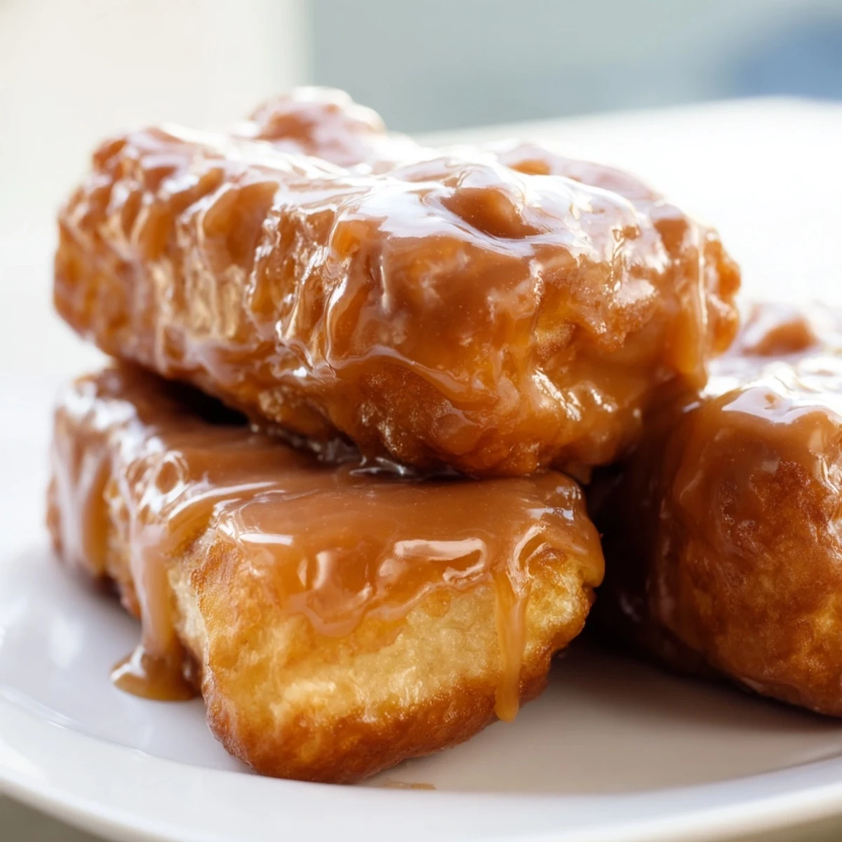 Hand dipping a soft Maple Donut Bar into a bowl of rich maple glaze, with more bars waiting on parchment paper.