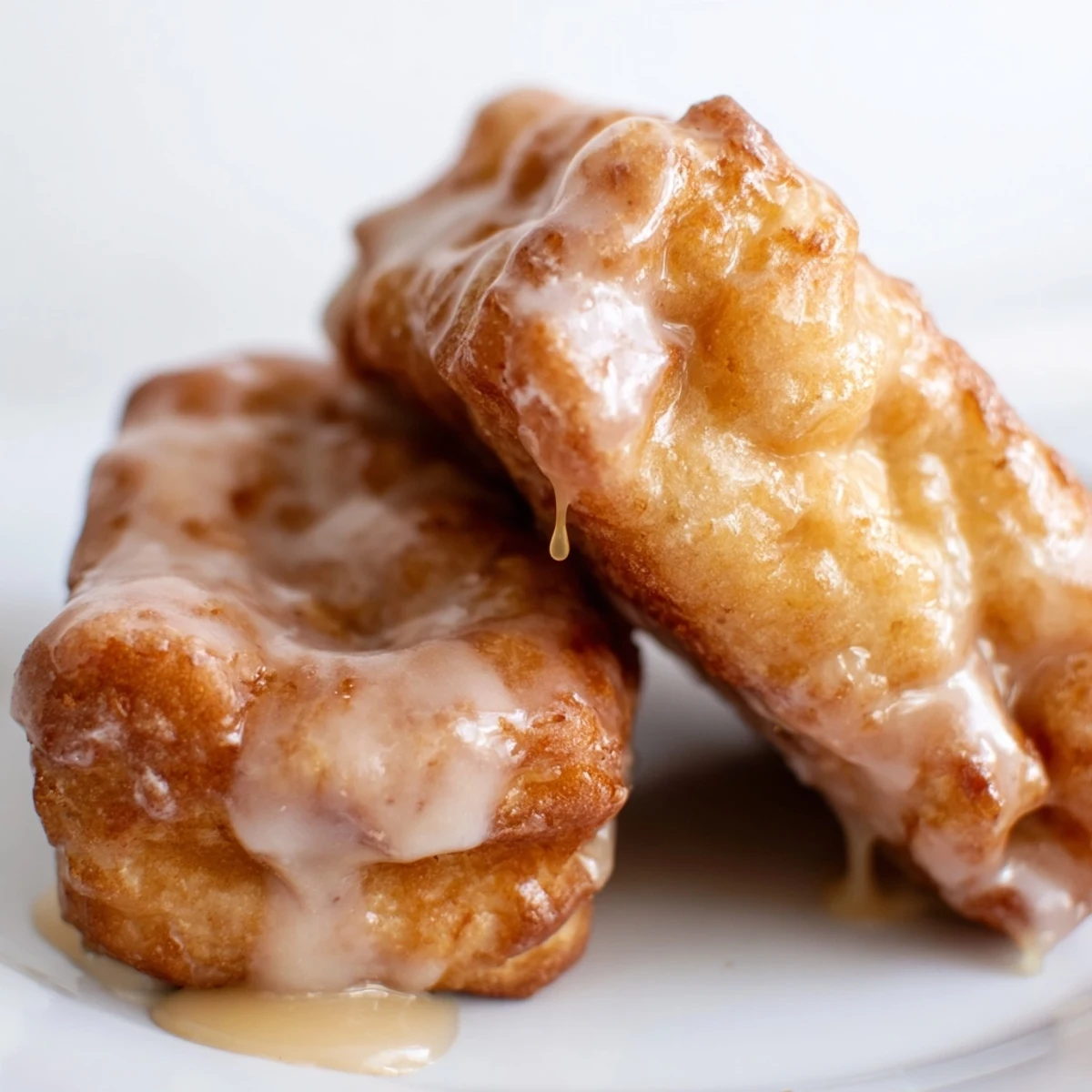 Two warm Maple Donut Bars with pillowy interiors and a thick vanilla-maple glaze, served on a rustic wooden plate for breakfast.