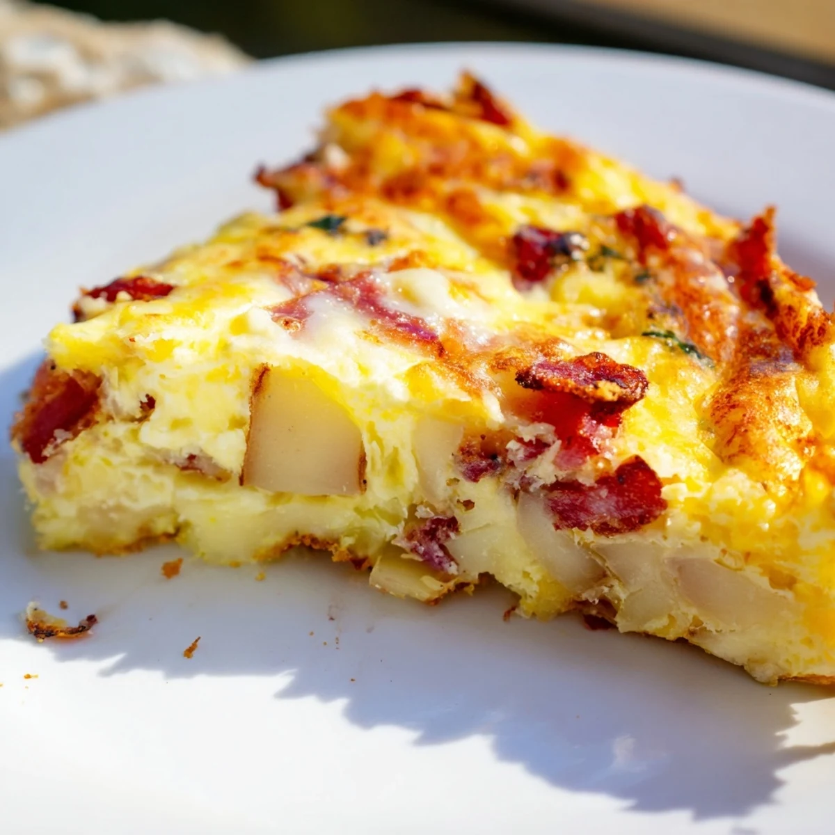 A slice of the hearty Bacon Potato Frittata rests on a white plate, revealing fluffy eggs and tender onions.