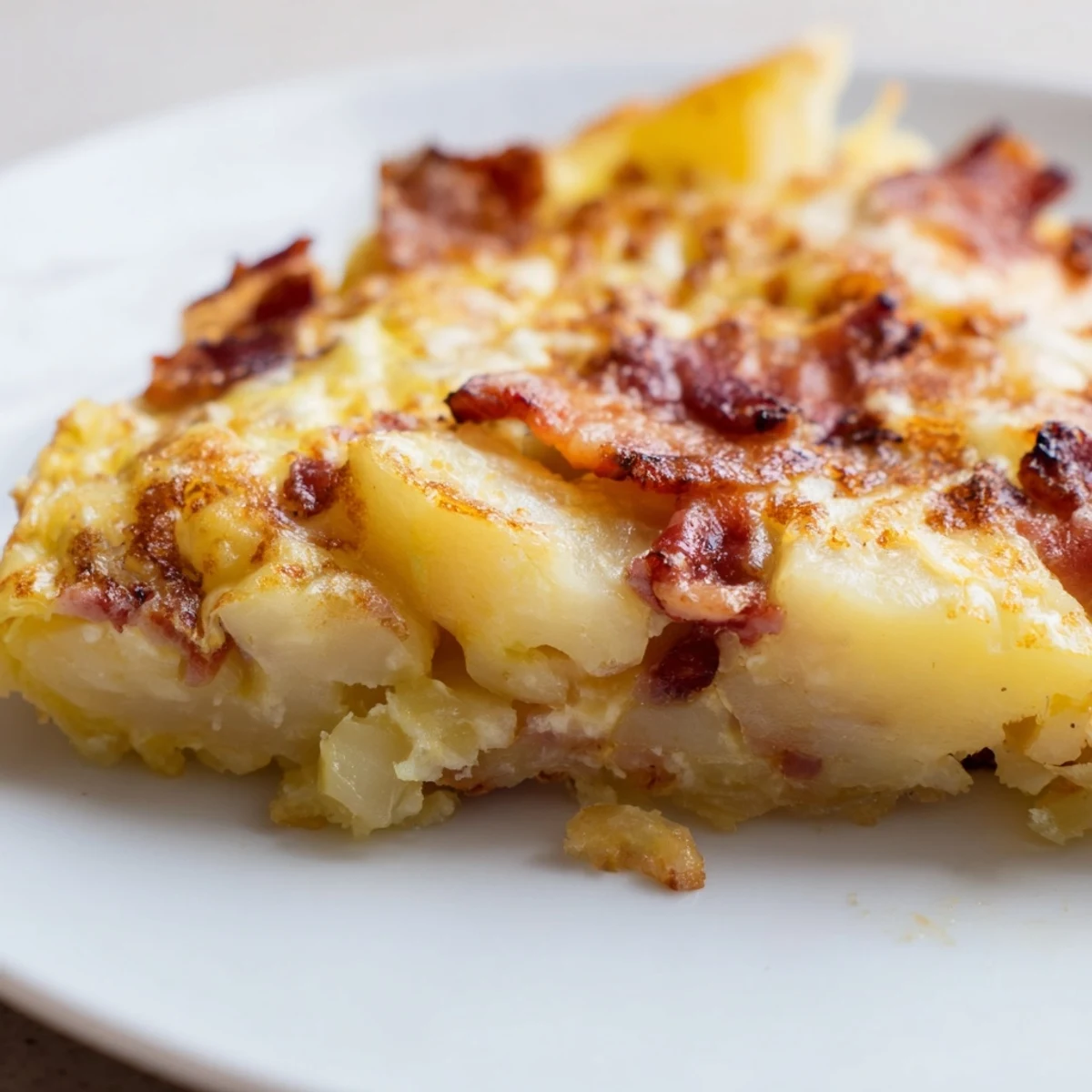 Overhead view of a freshly baked Bacon Potato Frittata garnished with green chives, served alongside a fresh green salad.