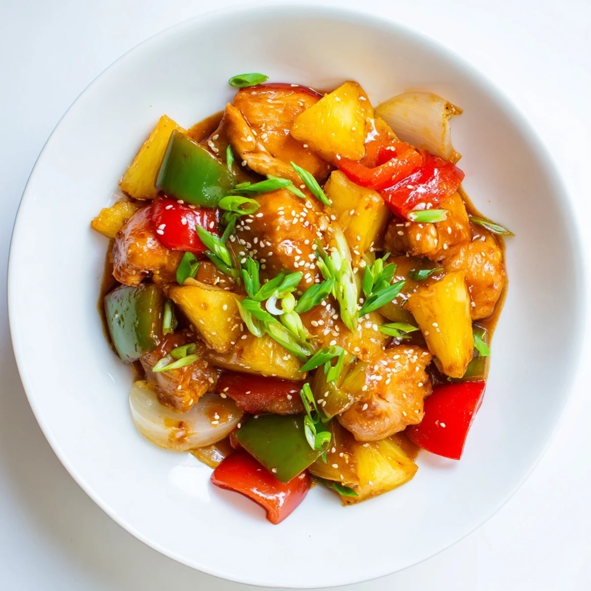 Slow Cooker Hawaiian Pineapple Chicken steaming in a ceramic slow cooker with tender chicken thighs, vibrant bell peppers, and juicy pineapple chunks in a glossy tangy-sweet sauce.
