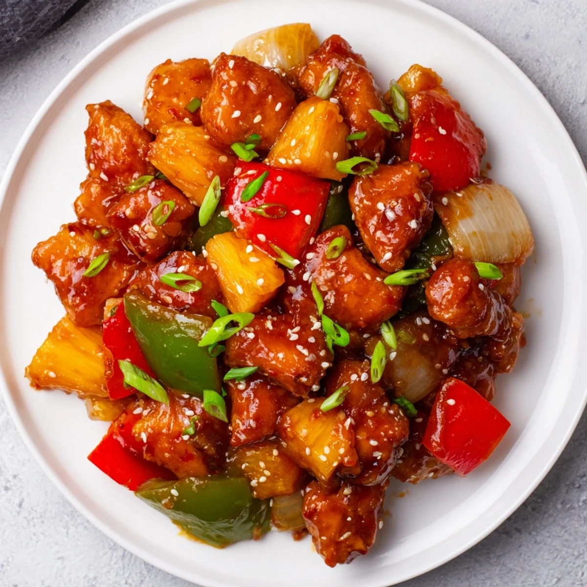 A serving of Slow Cooker Hawaiian Pineapple Chicken on a white plate beside fluffy steamed rice, garnished with green onions and toasted sesame seeds.