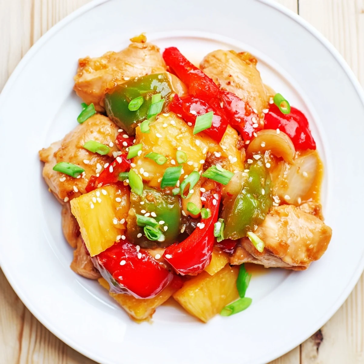 Close-up of Slow Cooker Hawaiian Pineapple Chicken showing shredded chicken, sweet pineapple, and red bell peppers coated in a thick, savory glaze ready to eat.