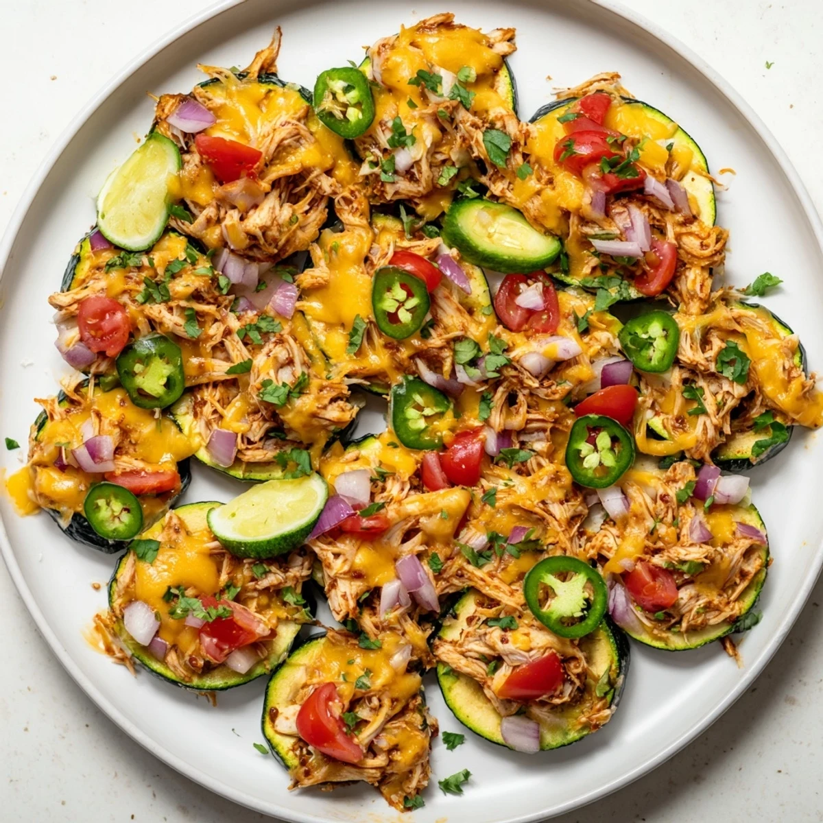 Golden baked zucchini slices topped with juicy BBQ chicken and shredded cheddar cheese make a delicious, low-carb alternative to traditional tortilla nachos.