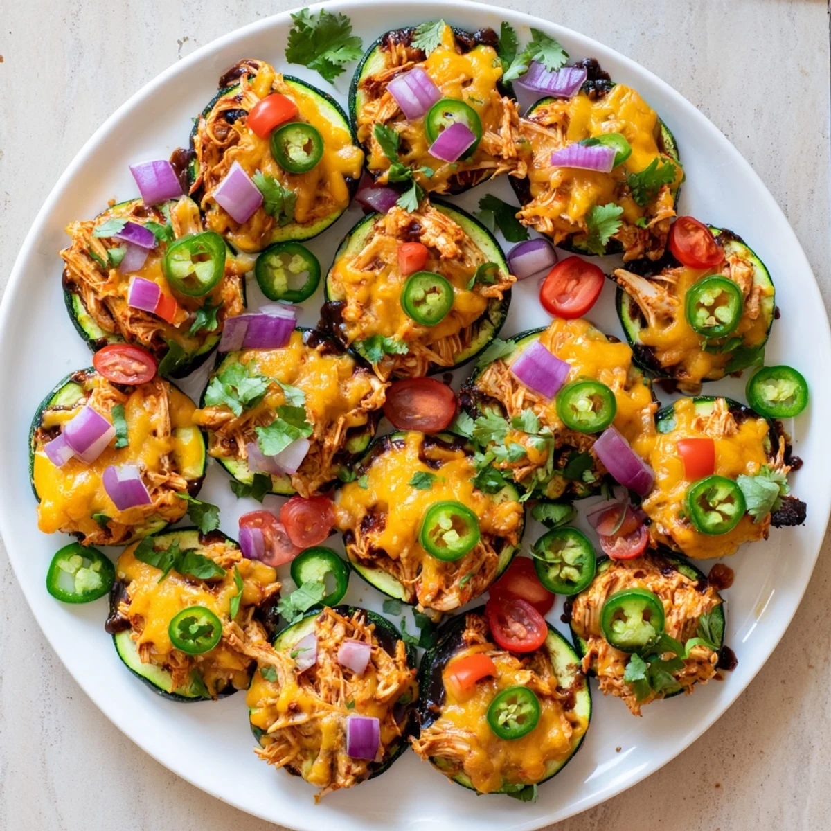 Roasted zucchini rounds are loaded with smoky BBQ chicken, melted cheese, and fresh garnishes in this low-carb Cheesy BBQ Chicken Zucchini Nachos recipe.