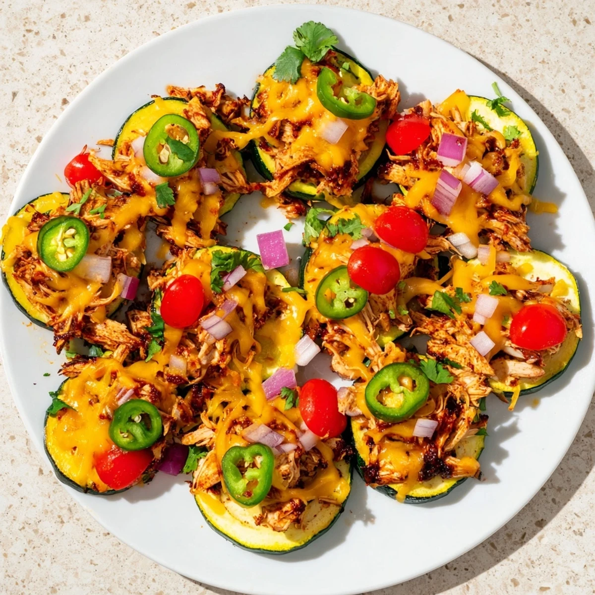 These Cheesy BBQ Chicken Zucchini Nachos feature roasted zucchini rounds piled high with spicy chicken, melted cheese, tomatoes, and cilantro for serving.