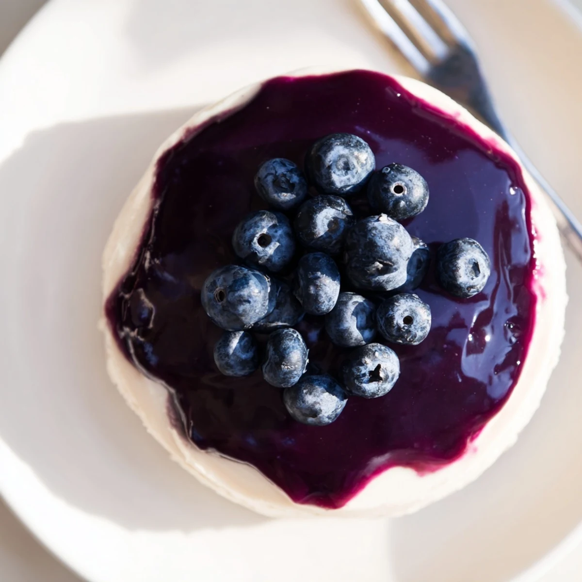 A slice of Blueberry Mousse Cheesecake on a plate with a fork, showing the creamy filling and fresh blueberries on top.
