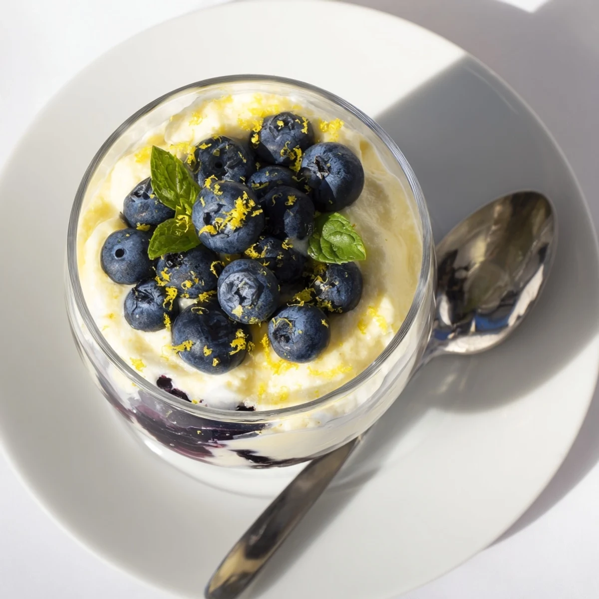 In a bright kitchen scene, creamy Lemon Blueberry Mousse is presented in elegant cups topped with a sprig of mint and a twist of lemon.