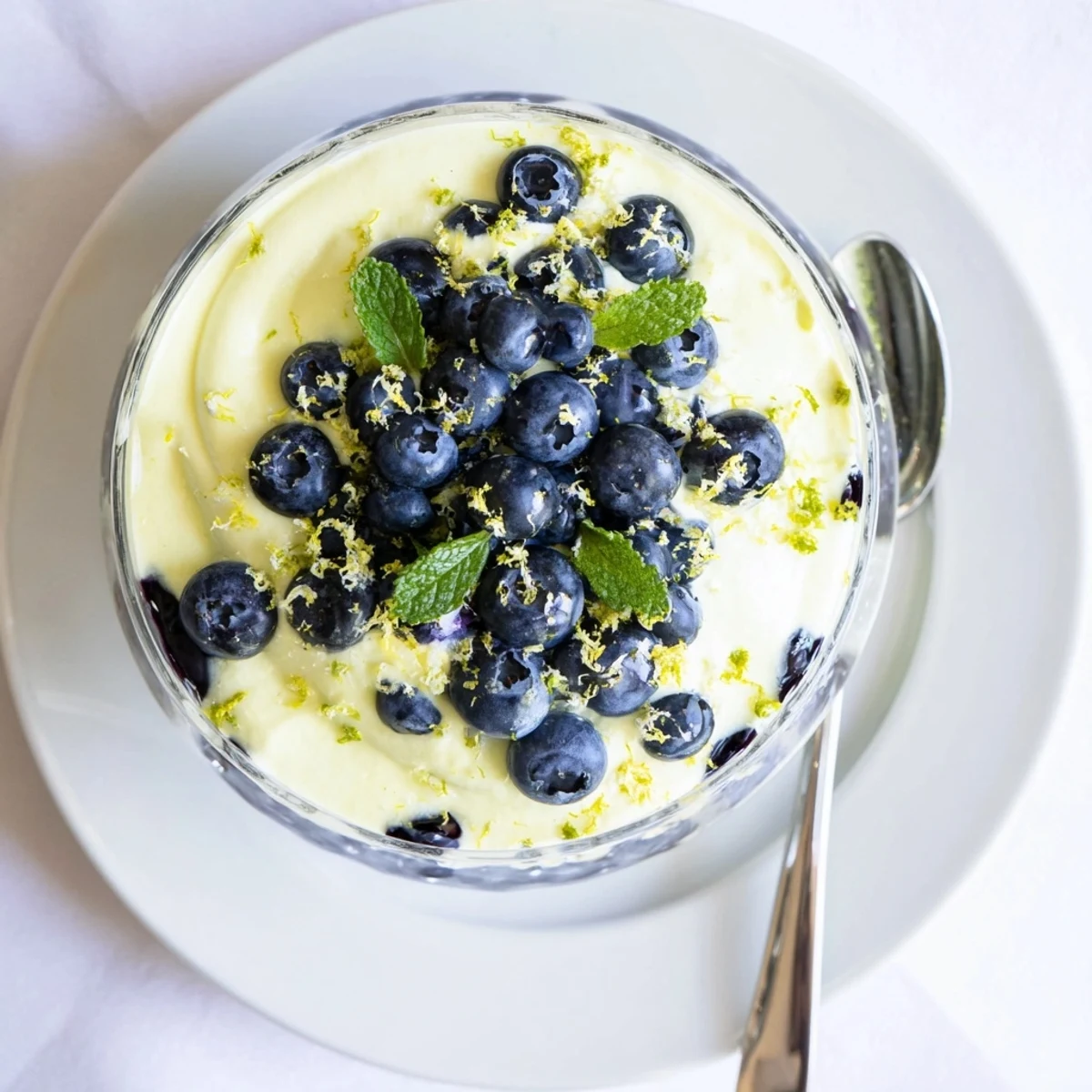 Close-up view of a spoonful of Lemon Blueberry Mousse, revealing its airy texture with swirls of blueberry sauce and a dusting of powdered sugar.