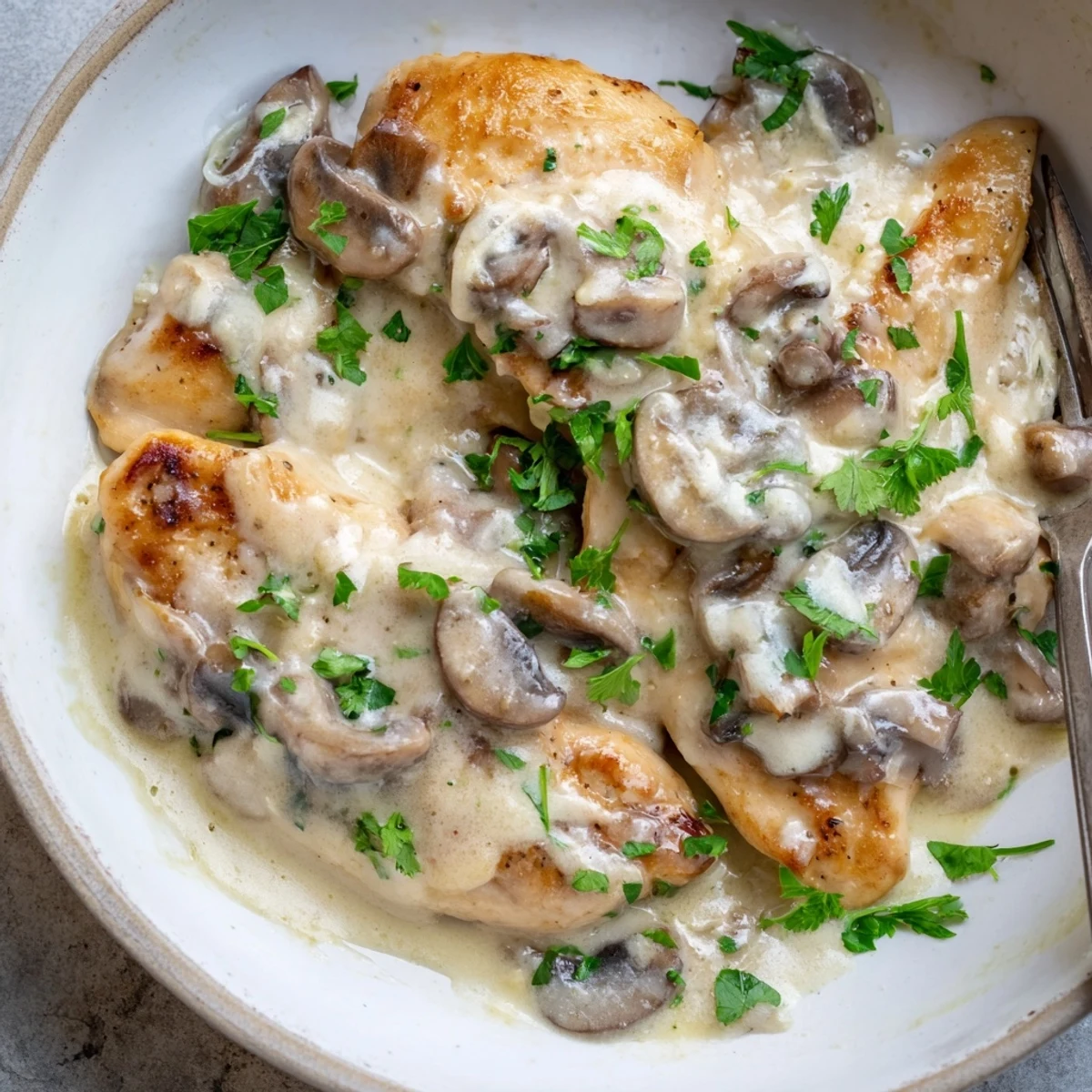 Golden brown chicken breasts smothered in creamy mushroom Asiago chicken sauce, garnished with fresh parsley.