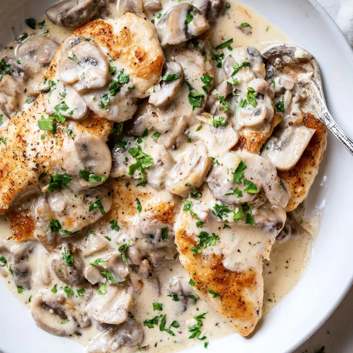 Tender mushroom Asiago chicken plated beside buttery mashed potatoes, ready for a comforting family dinner.