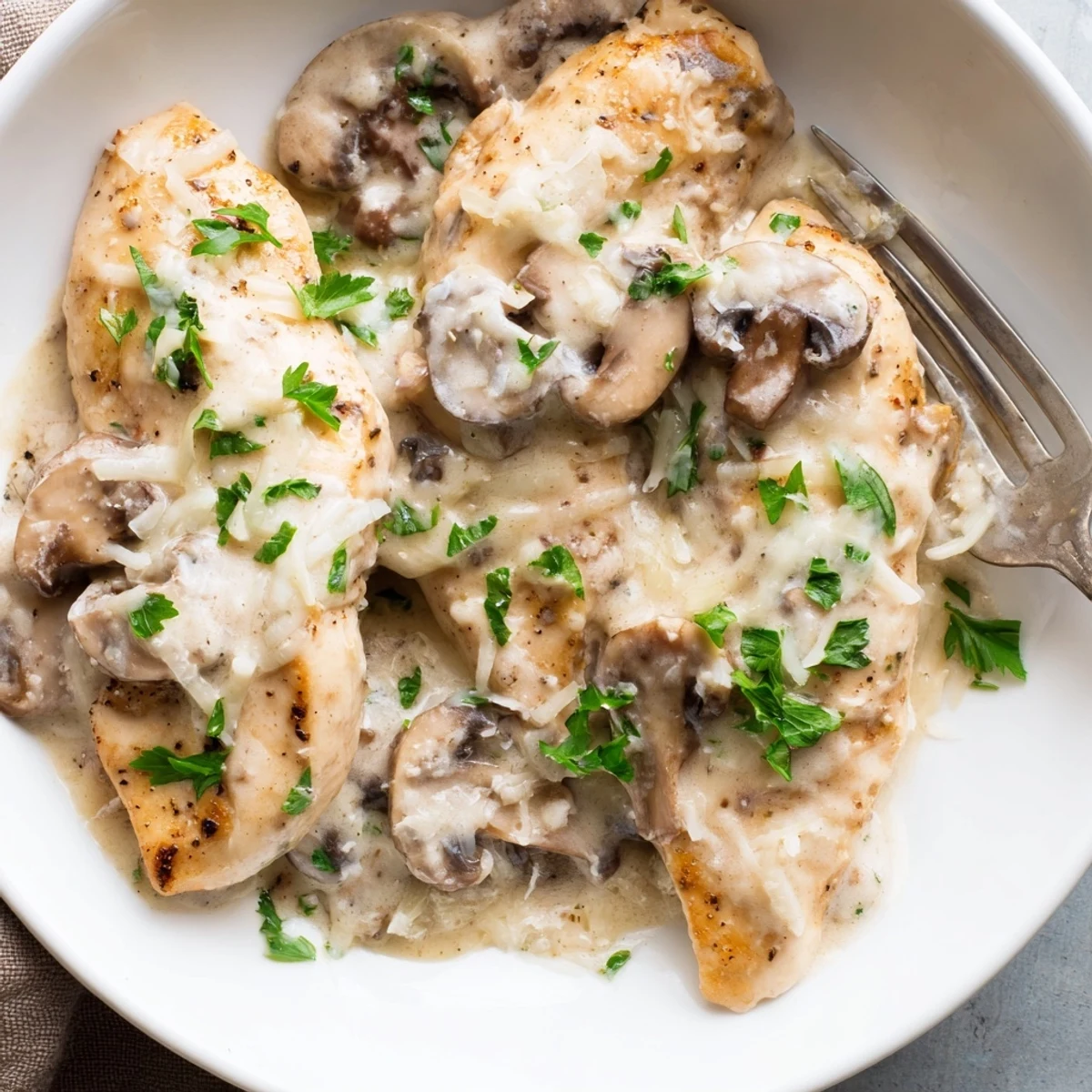 Sizzling skillet of mushroom Asiago chicken with melted cheese sauce, served over steamed green beans.