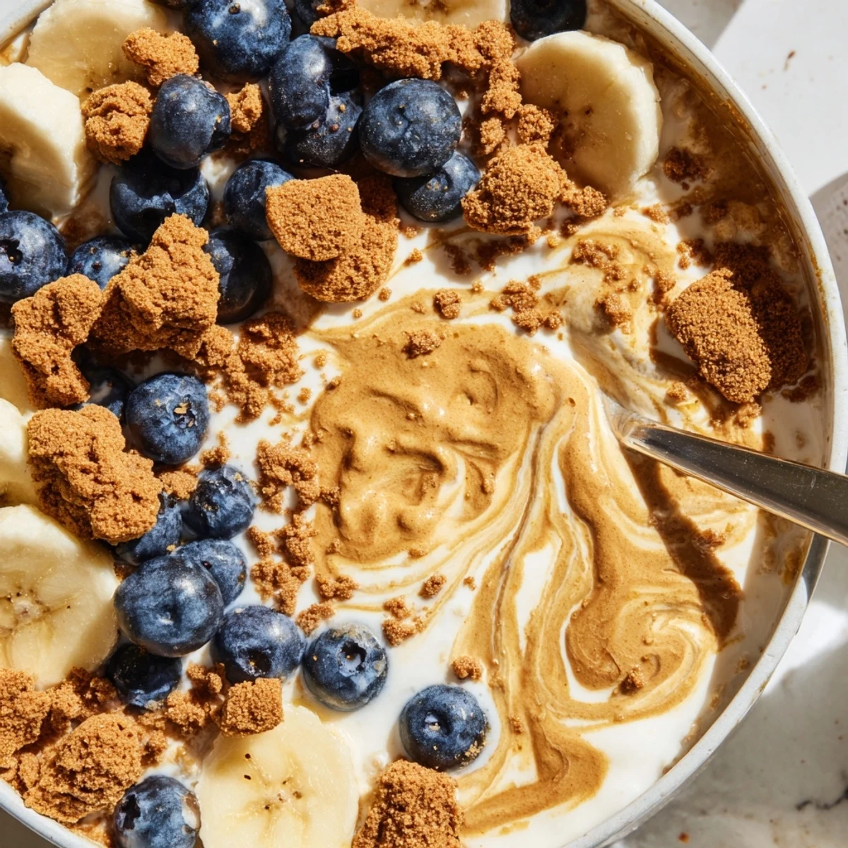 Perfectly chilled Quick Biscoff Overnight Oats served in a glass with a drizzle of melted spread and fresh berries.