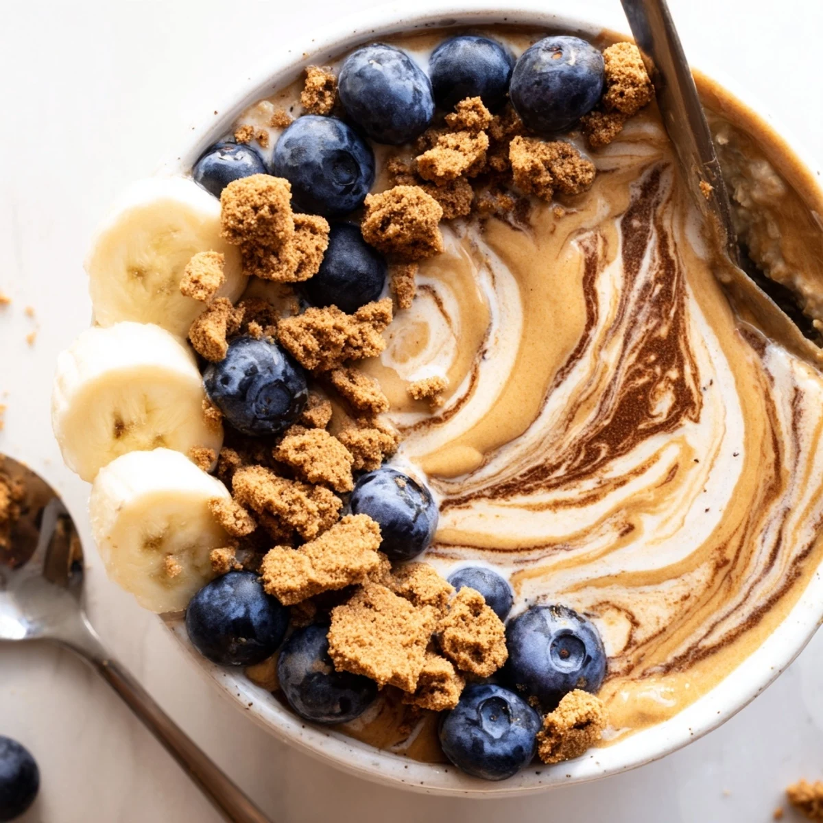 Overnight oats infused with Biscoff spread, ready to eat from a jar with a spoon and a coffee on the side.