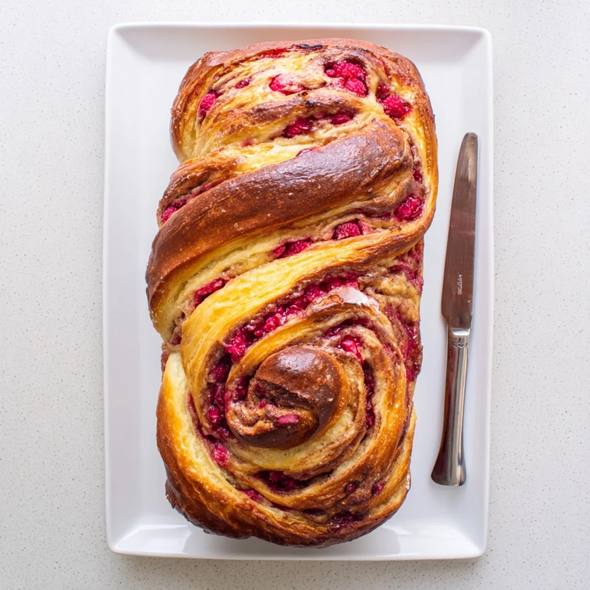 Golden-brown Raspberry Swirl Brioche Loaf fresh from the oven, showing a tender crumb with vibrant red jam spirals.