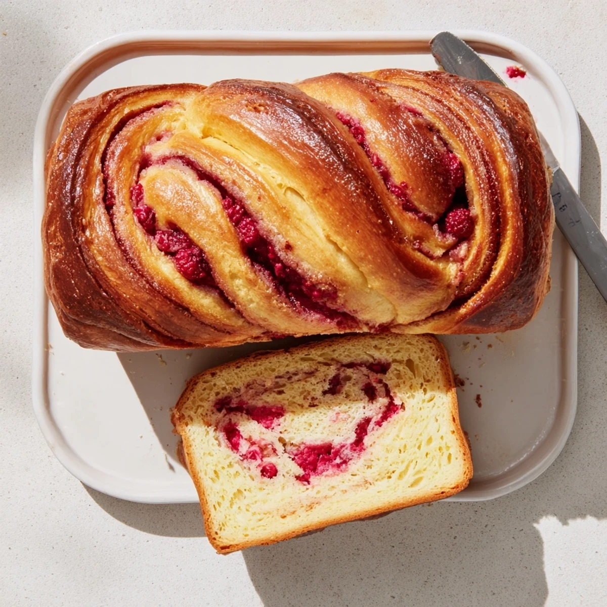 Sliced loaf of Raspberry Swirl Brioche on a cutting board, buttery layers and tangy raspberry jam exposed.