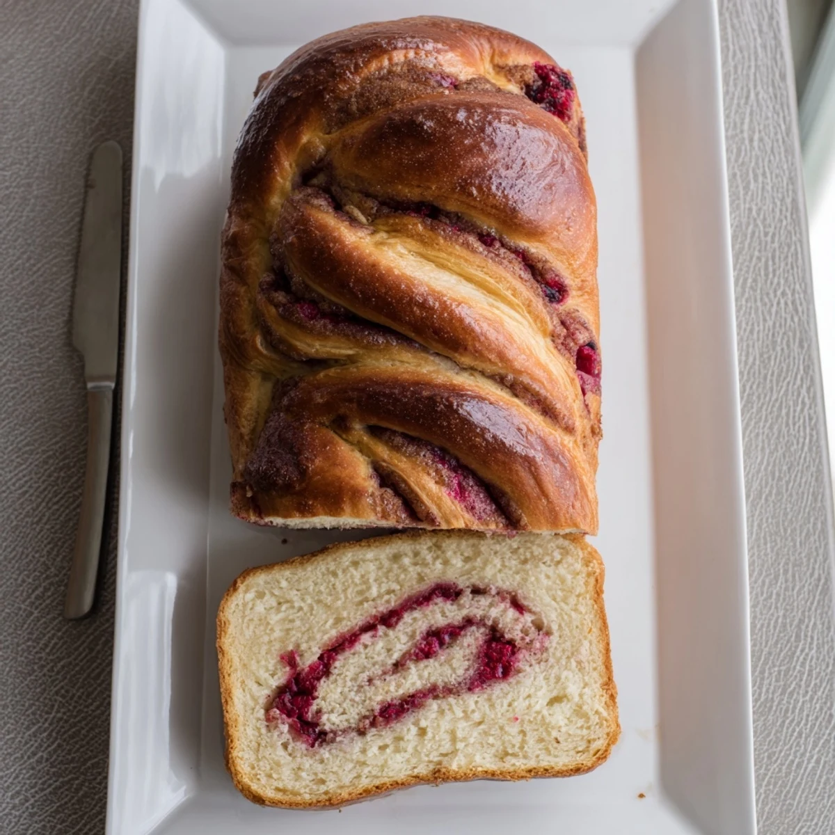 Warm slice of Raspberry Swirl Brioche Loaf served on a plate, crumbs scattered beside a fresh raspberry garnish.