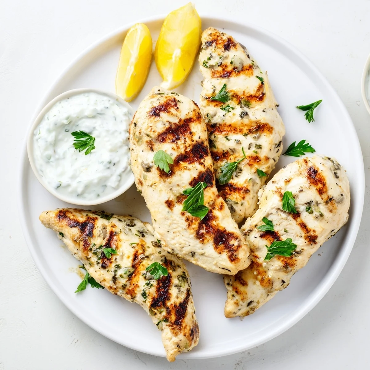 Golden-brown Delicious Greek Chicken Tenders with char marks, served alongside a creamy yogurt sauce and fresh lemon wedges on a rustic plate.