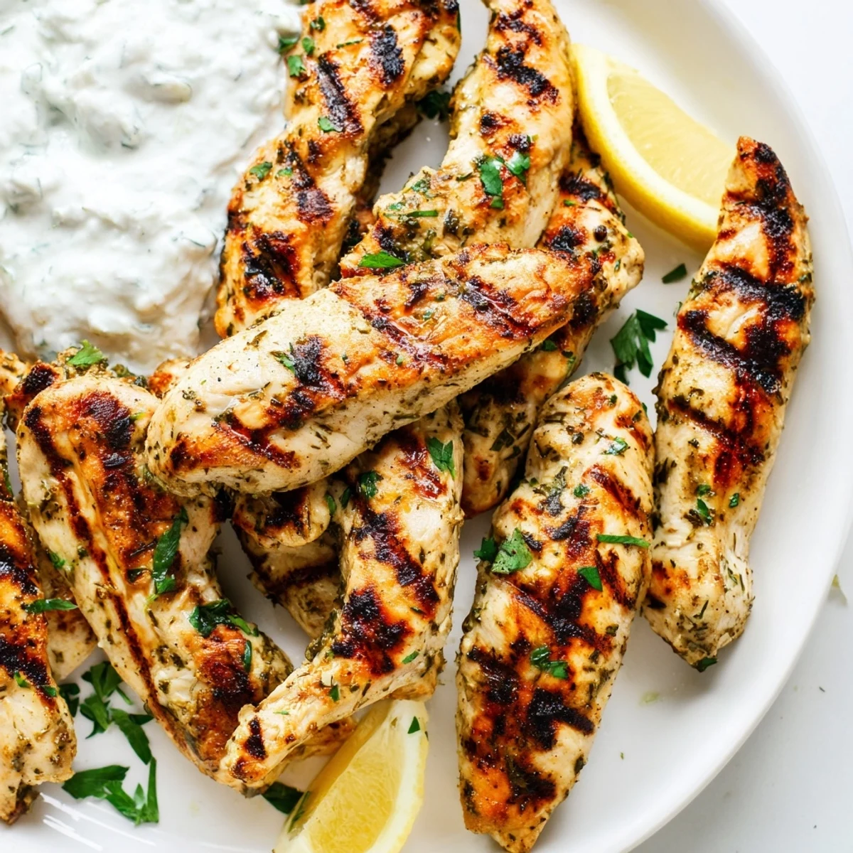 Close-up of juicy Delicious Greek Chicken Tenders stacked on a plate, garnished with fresh parsley and drizzled with vibrant olive oil and lemon.