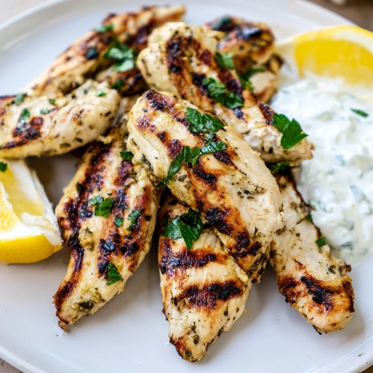 Delicious Greek Chicken Tenders sizzling on the grill, infused with oregano and garlic, ready to be dipped in cool cucumber dill sauce.
