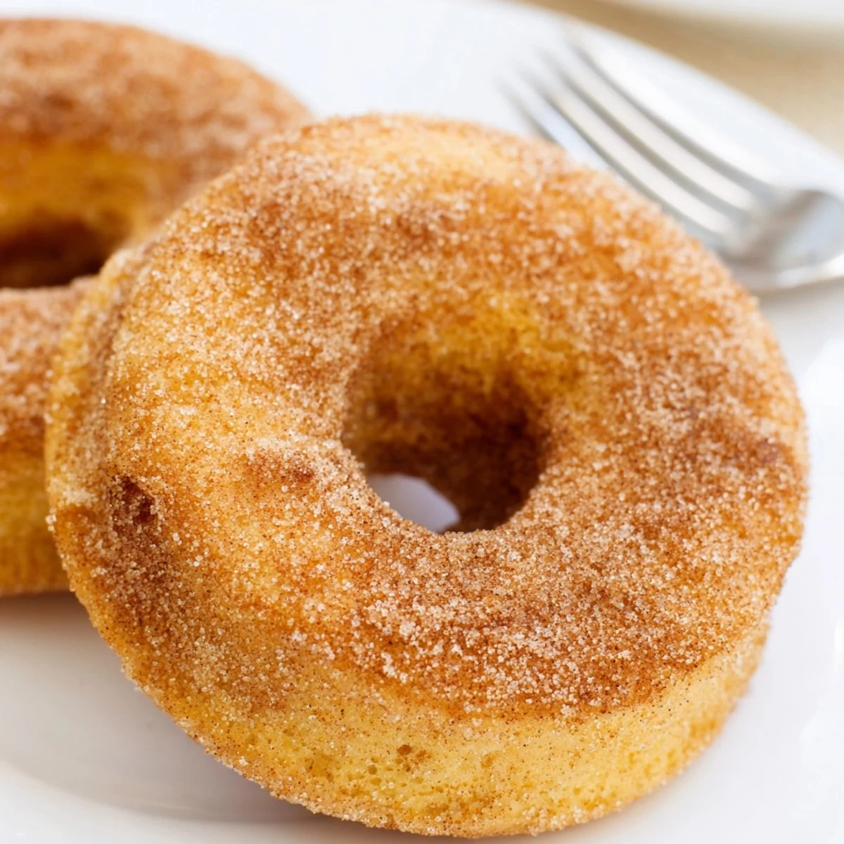Freshly baked Delicious Baked Cinnamon Sugar Donuts You Cant Resist resting on a wire rack with a light cinnamon dusting.
