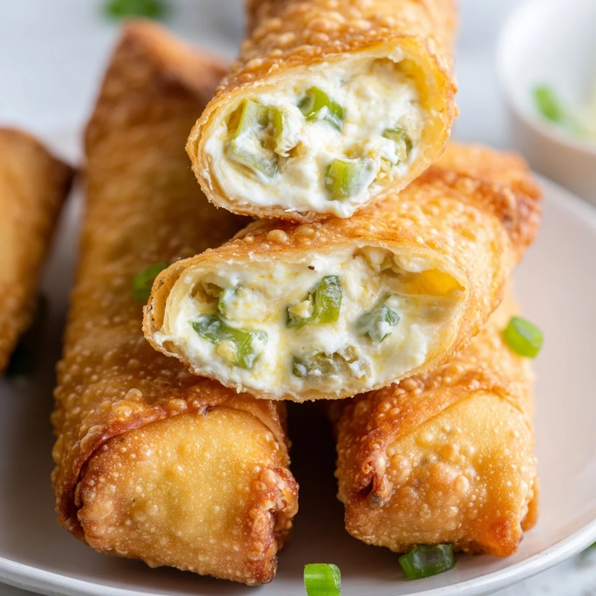 Golden-brown Mini Jalapeño Popper Egg Rolls arranged on a platter with creamy ranch dip and fresh jalapeño slices.