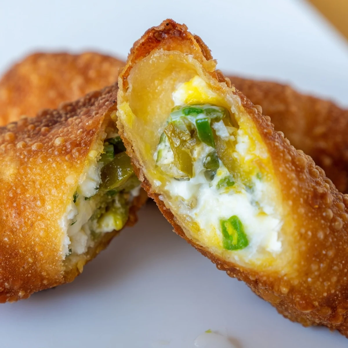 Close-up view of crispy Mini Jalapeño Popper Egg Rolls showing melted cheddar and Monterey Jack cheese filling.