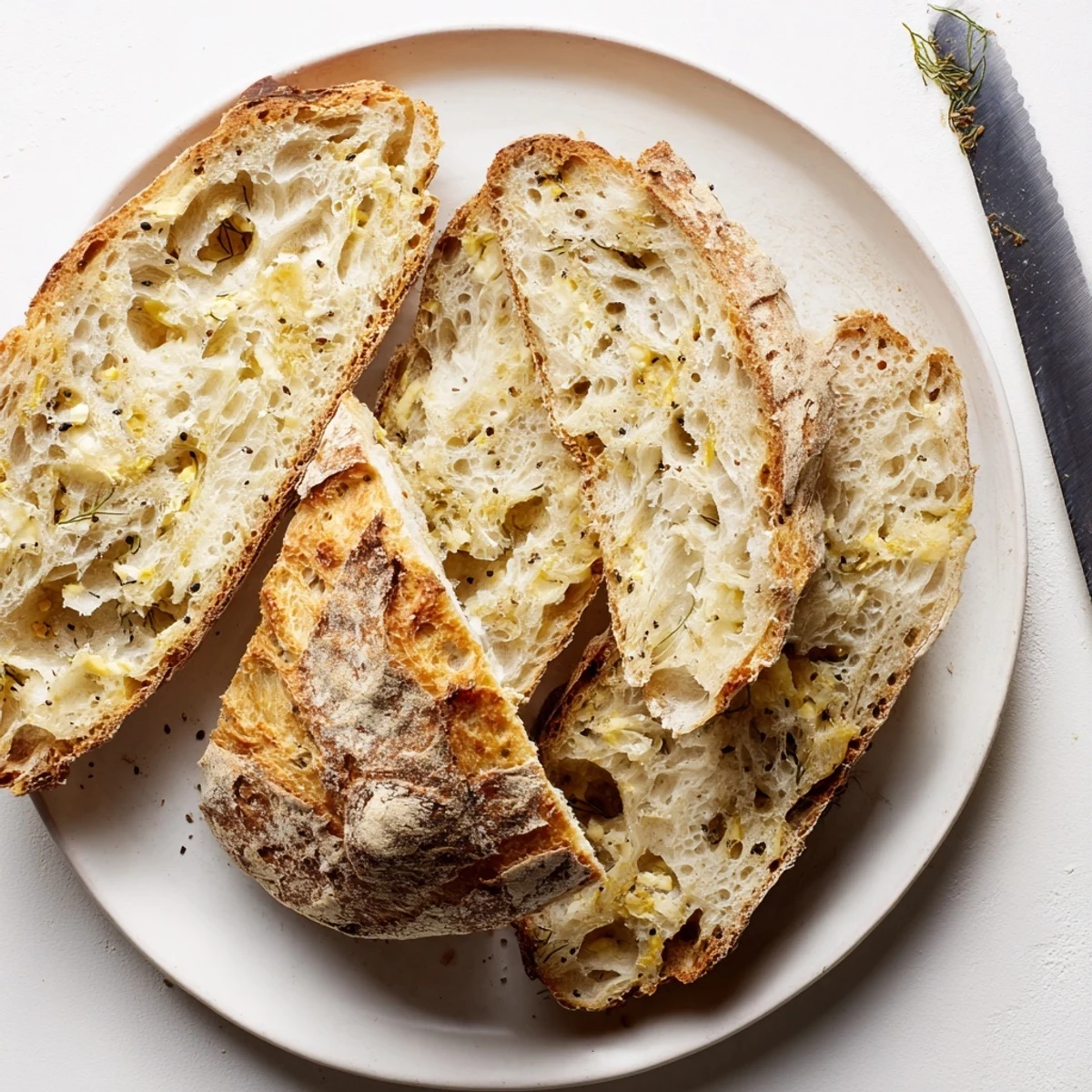 A freshly baked No Knead Dill Gouda Artisan Bread loaf with golden crust, fresh dill flecks, and melted cheese visible on a wooden cutting board.