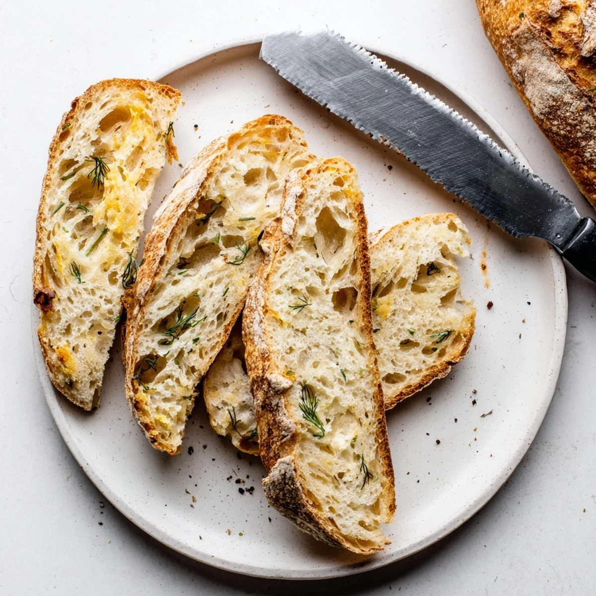 Close-up view of a rustic No Knead Dill Gouda Artisan Bread, scoring marks open on top, steam rising, ready to slice for dinner.