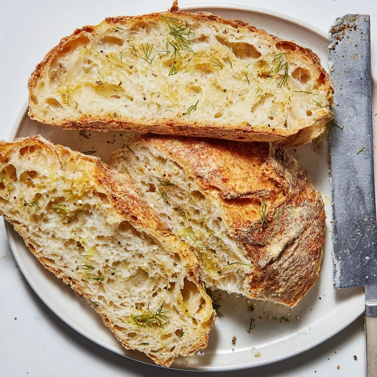 Slices of savory No Knead Dill Gouda Artisan Bread reveal a soft, airy crumb with Gouda pockets, served beside a bowl of hot tomato soup.
