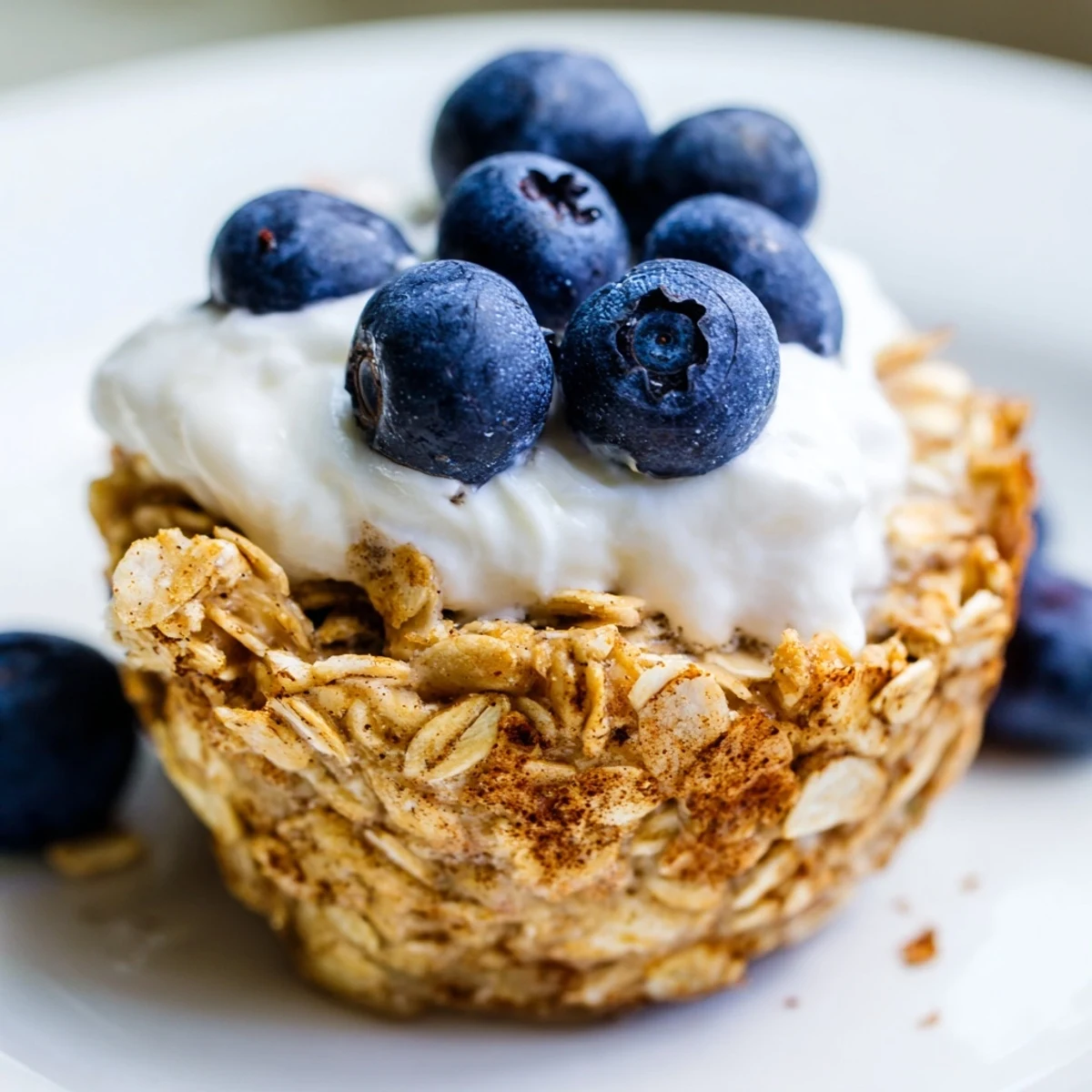 Warm Baked Oatmeal Cups with Greek Yogurt served on a white plate, featuring a hearty and portable snack.