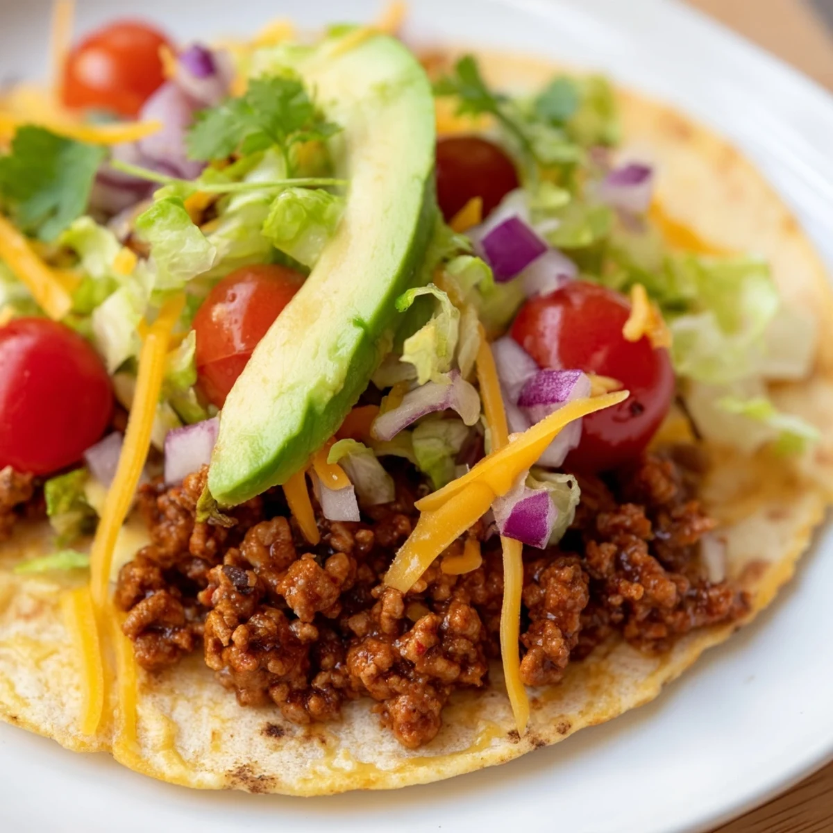 Freshly prepared Vegetarian Ground Beef Tacos topped with creamy avocado slices and crisp lettuce inside a warm corn tortilla.