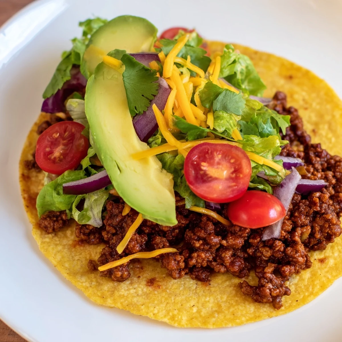 A close-up of Vegetarian Ground Beef Tacos featuring seasoned plant-based crumbles, diced tomatoes, and shredded cheese on a plate.