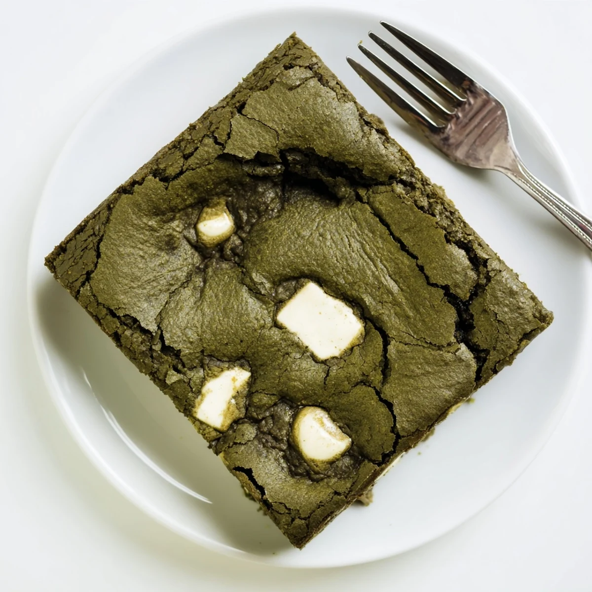 Fudgy Matcha Brownies with creamy white chocolate chunks, sliced on a rustic wooden board.