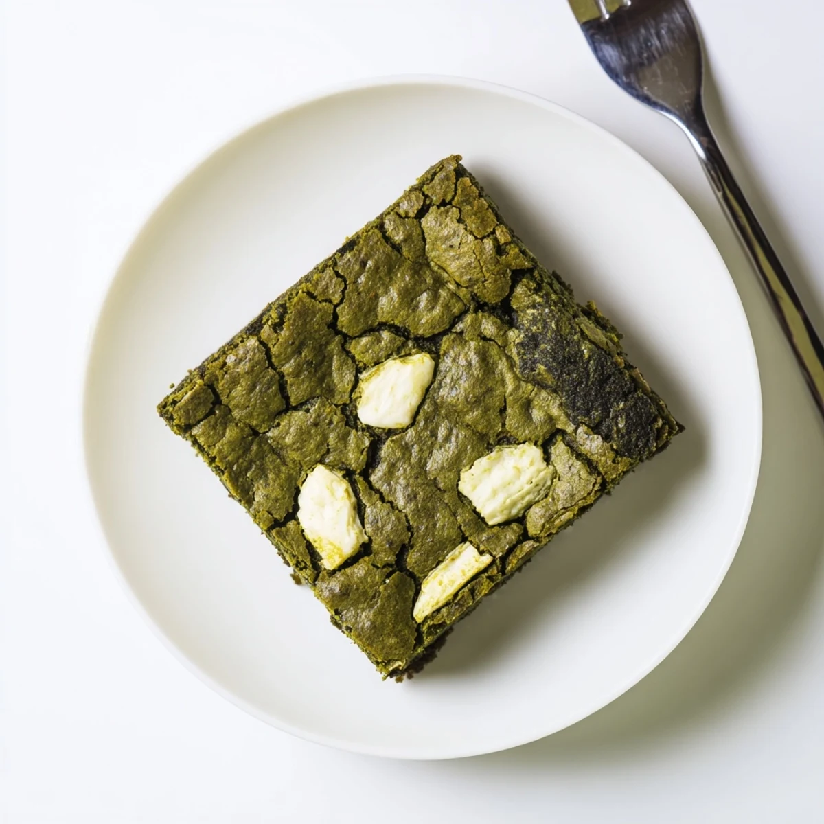 Moist Matcha Brownies dusted with powdered sugar, served warm beside a steaming mug of green tea.