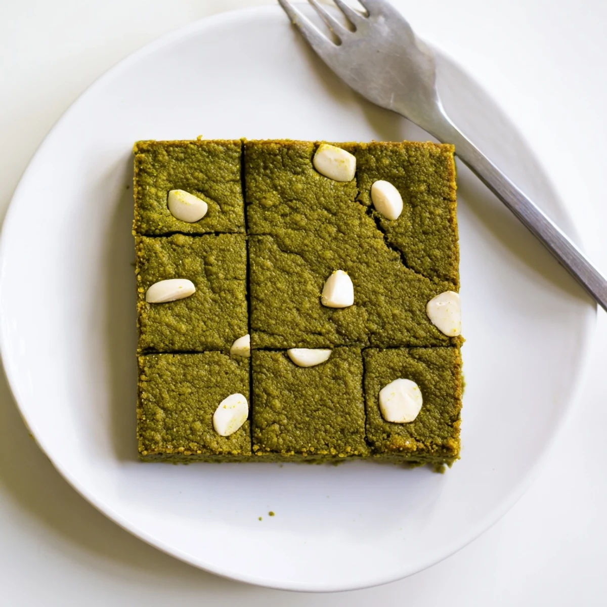 Chewy Matcha Brownies showcasing a vibrant green swirl, ready to serve on a ceramic dessert plate.