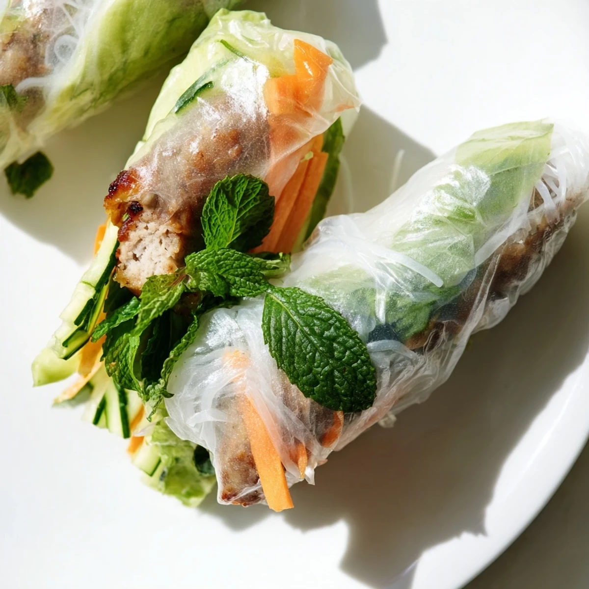 Golden grilled nem nuong sausage inside rice paper rolls packed with vermicelli, lettuce, cucumber, and fresh mint leaves.