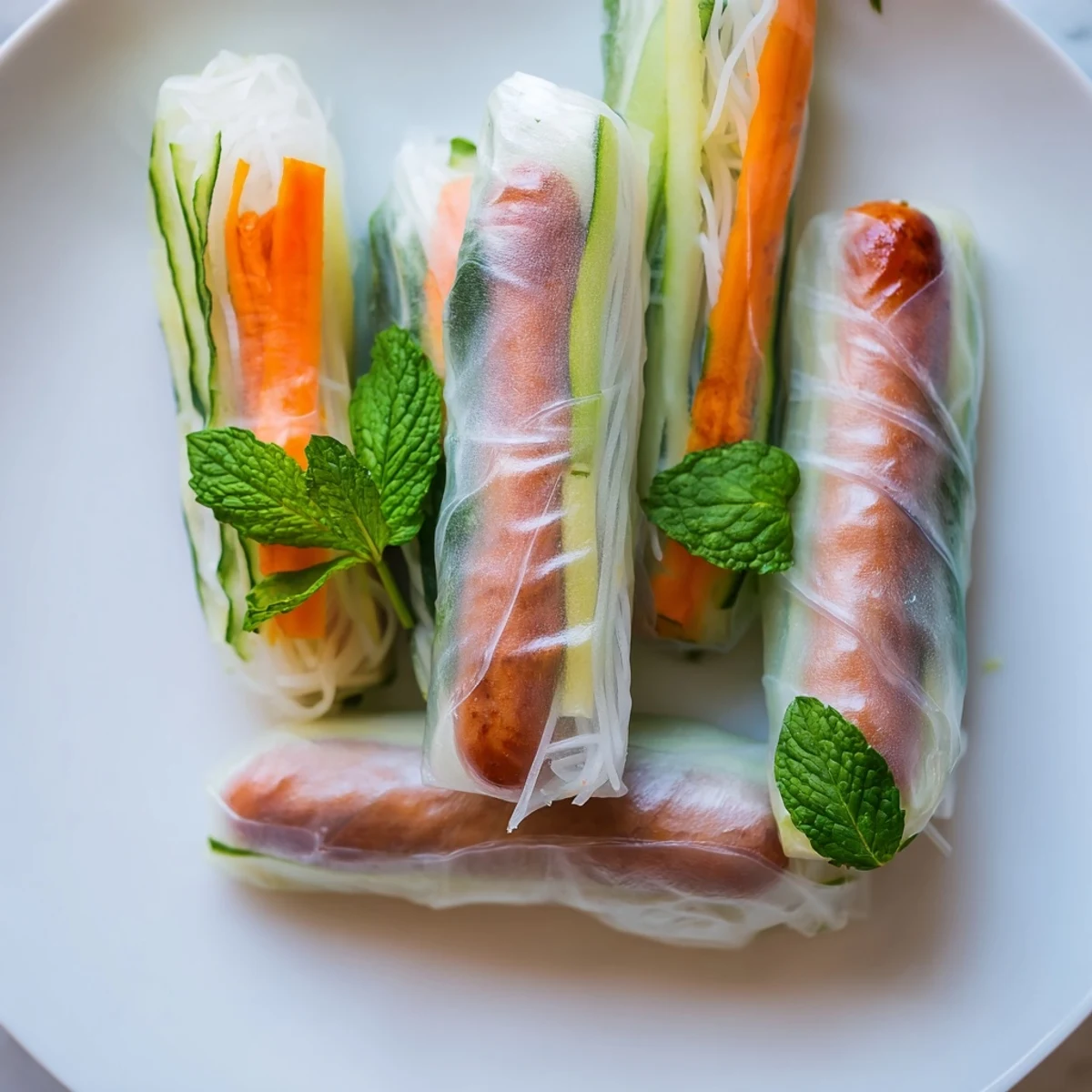 Freshly grilled nem nuong spring rolls with herbs, crisp veggies, and rice noodles on a plate, served with nuoc cham dipping sauce.