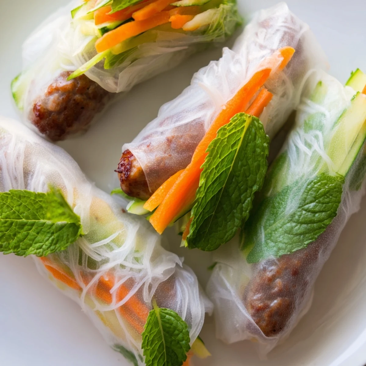 Vietnamese nem nuong spring rolls with pork sausage, carrot, and cilantro, ready to dip in a savory lime fish sauce.