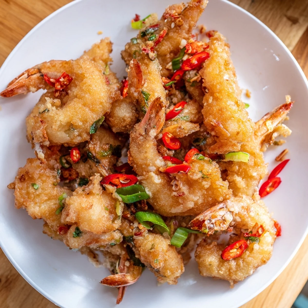 Golden, crispy Salt and Pepper Shrimp piled high with sliced garlic and fresh scallions for a savory bite.