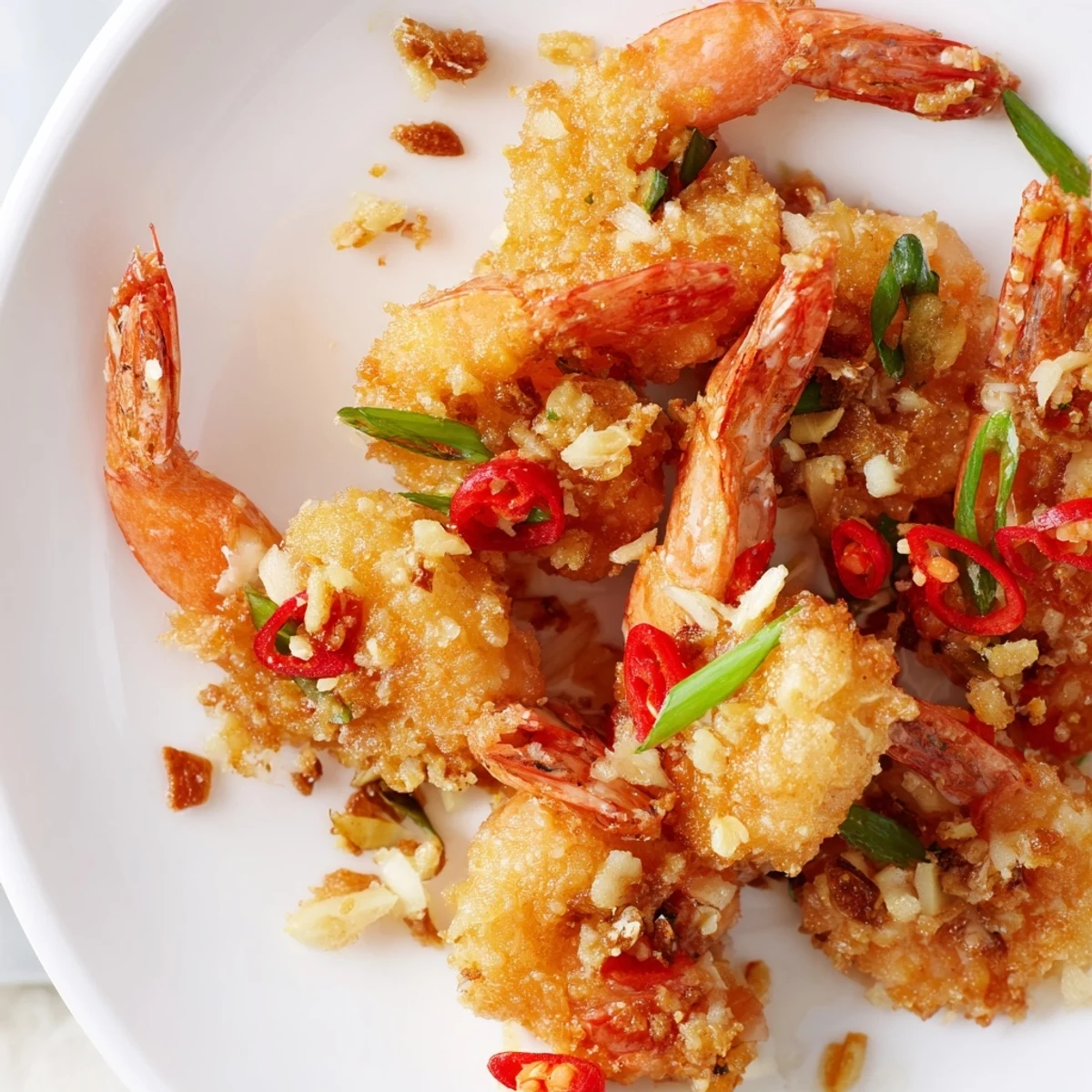 A close-up of Salt and Pepper Shrimp ready to serve with lemon wedges and steamed rice on the side.