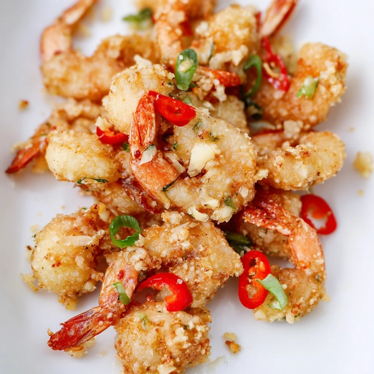 Salt and Pepper Shrimp garnished with red chili and Sichuan peppercorns on a rustic wooden serving platter.