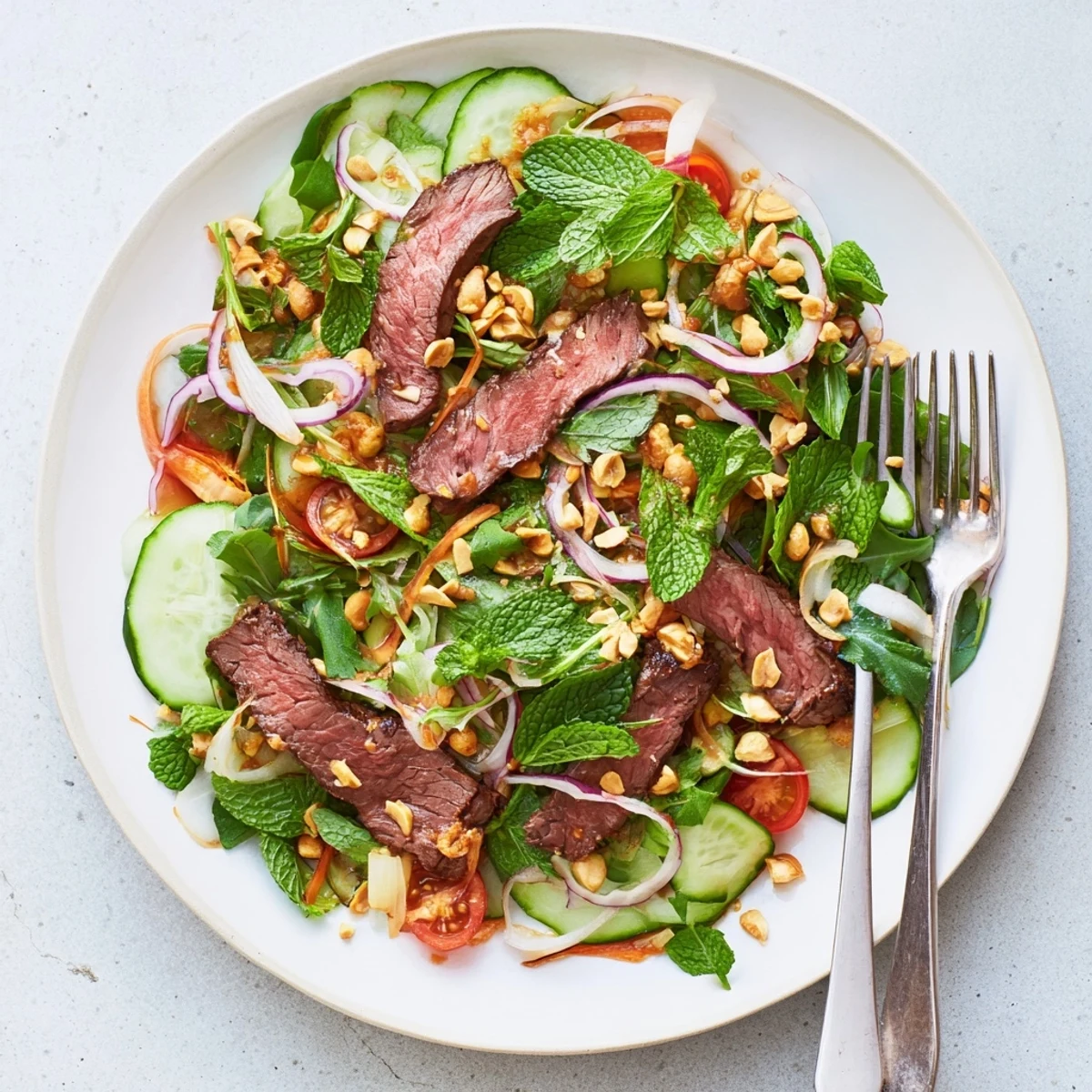 A vibrant plate of Vietnamese Beef and Watercress Salad features seared steak slices atop crisp greens and julienned carrots, drizzled with tangy lime dressing.