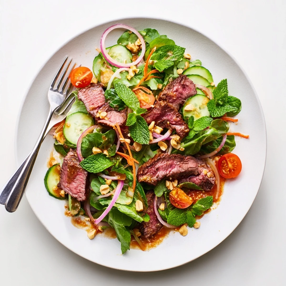 Freshly chopped mint and cilantro garnish this Vietnamese Beef and Watercress Salad, paired with cherry tomatoes, peanuts, and a zesty fish sauce vinaigrette.