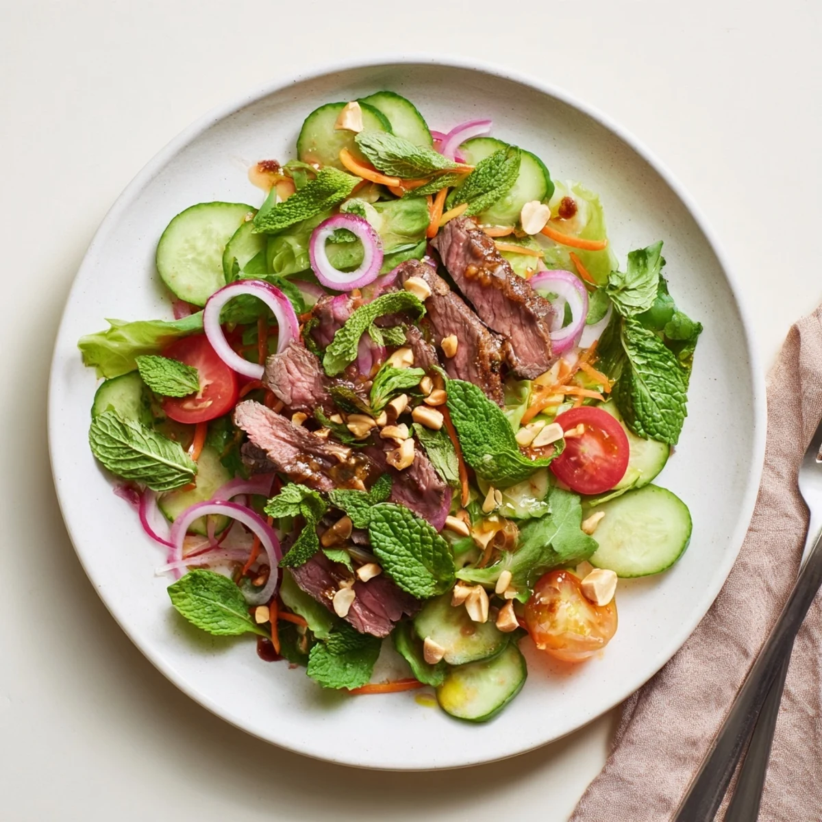 Sliced tender beef mingles with peppery watercress and crunchy vegetables in this colorful Vietnamese Beef and Watercress Salad served on a white platter.