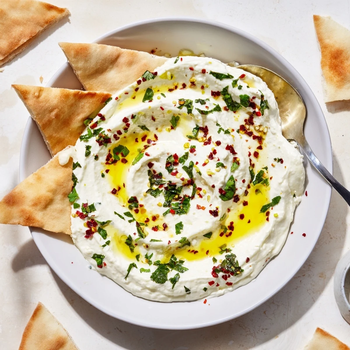 Creamy Tyrokafteri Greek dip with crumbled feta, spicy peppers, and a drizzle of olive oil.